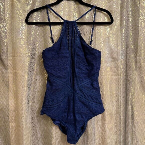 Becca Navy Blue Prairie Rose One Piece Crochet Halter Neck Swimsuit XL - Picture 1 of 7